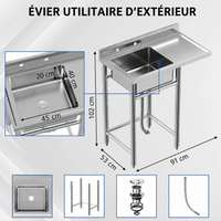 Garvee Évier de Buanderie en Inox 91 x 53 x 102cm avec Étagère et Pieds Réglables, Bac Utilitaire pour Buanderie et Garage, Sans Robinet, Argenté