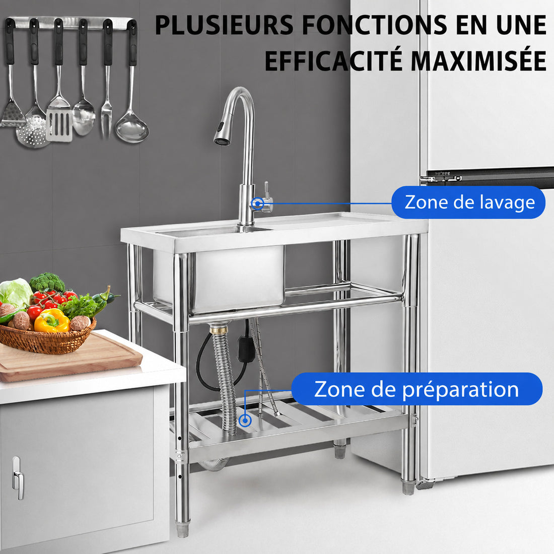 Garvee Plonge Professionnelle en Acier Inoxydable 304, L. 76 × P. 41 × H. 102 cm, avec Robinet Col de Cygne Eau Chaude et Froide, pour Cuisine Professionnelle et Restauration, Argenté