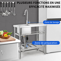 Garvee Plonge Professionnelle en Acier Inoxydable 304, L. 76 × P. 41 × H. 102 cm, avec Robinet Col de Cygne Eau Chaude et Froide, pour Cuisine Professionnelle et Restauration, Argenté