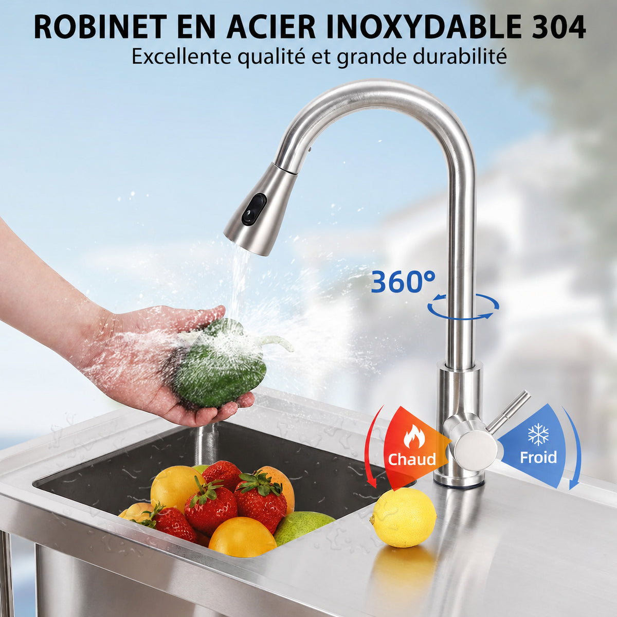 Garvee Plonge Professionnelle en Acier Inoxydable 304, L. 76 × P. 41 × H. 102 cm, avec Robinet Col de Cygne Eau Chaude et Froide, pour Cuisine Professionnelle et Restauration, Argenté