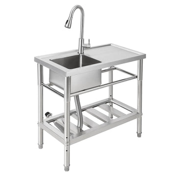 Garvee Plonge Professionnelle en Acier Inoxydable 304, L. 76 × P. 41 × H. 102 cm, avec Robinet Col de Cygne Eau Chaude et Froide, pour Cuisine Professionnelle et Restauration, Argenté