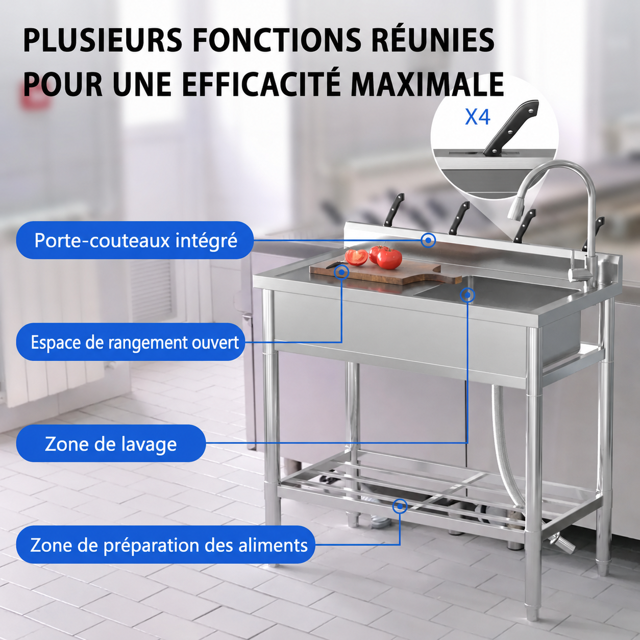 Garvee Évier Utilitaire Inox 76 x 41 x 102cm avec Égouttoir Droit, Robinet Eau Chaude/Froide, pour Buanderie, Argent