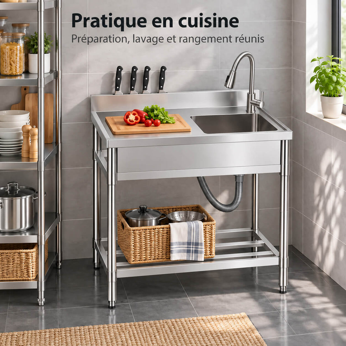 Garvee Évier Utilitaire Inox 76 x 41 x 102 cm avec Égouttoir Droit, Robinet Eau Chaude/Froide, pour Buanderie, Argent