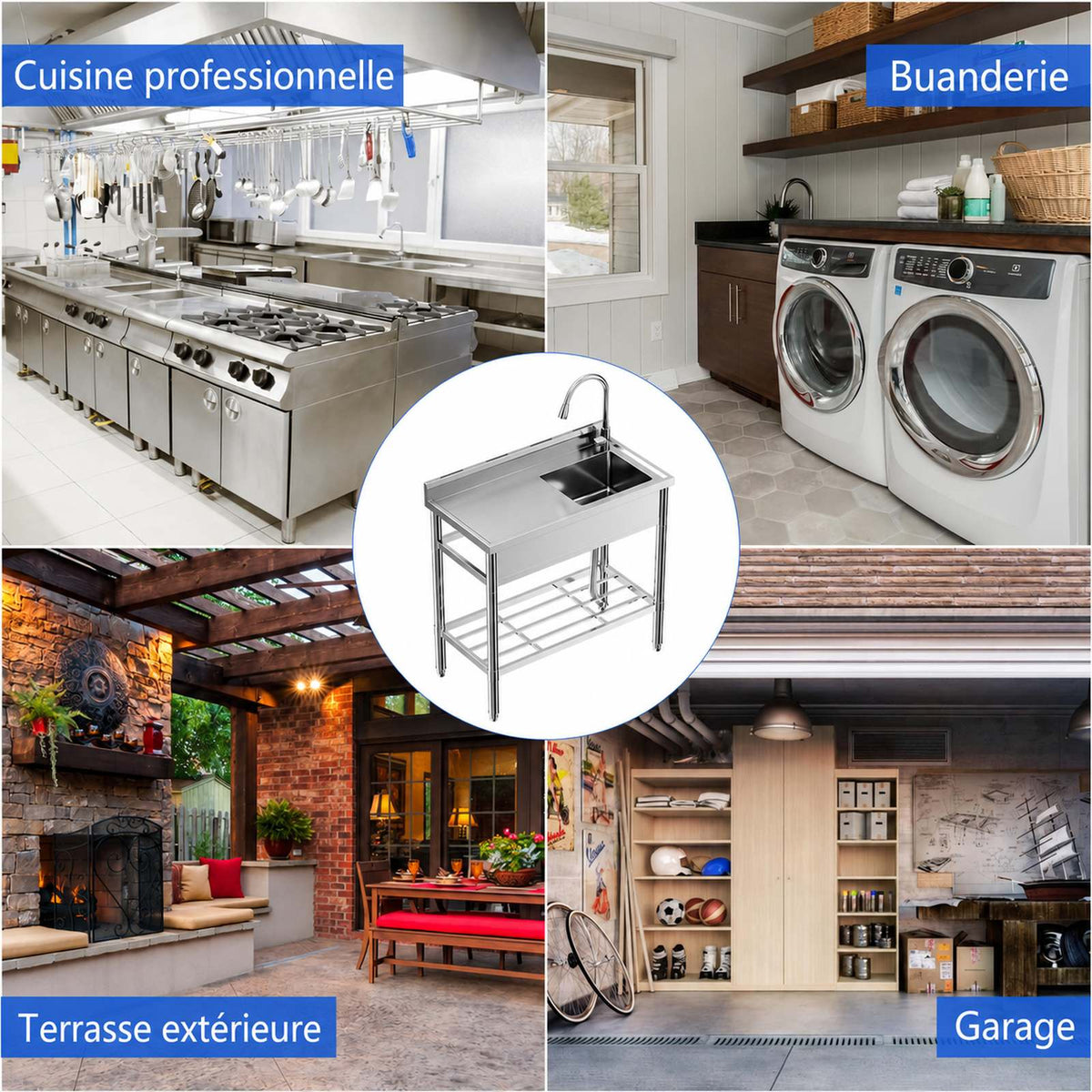 Garvee Évier de Buanderie en Inox 91 x 53 x 102cm avec Étagère et Pieds Réglables, Bac Utilitaire pour Buanderie et Garage, Sans Robinet, Argenté