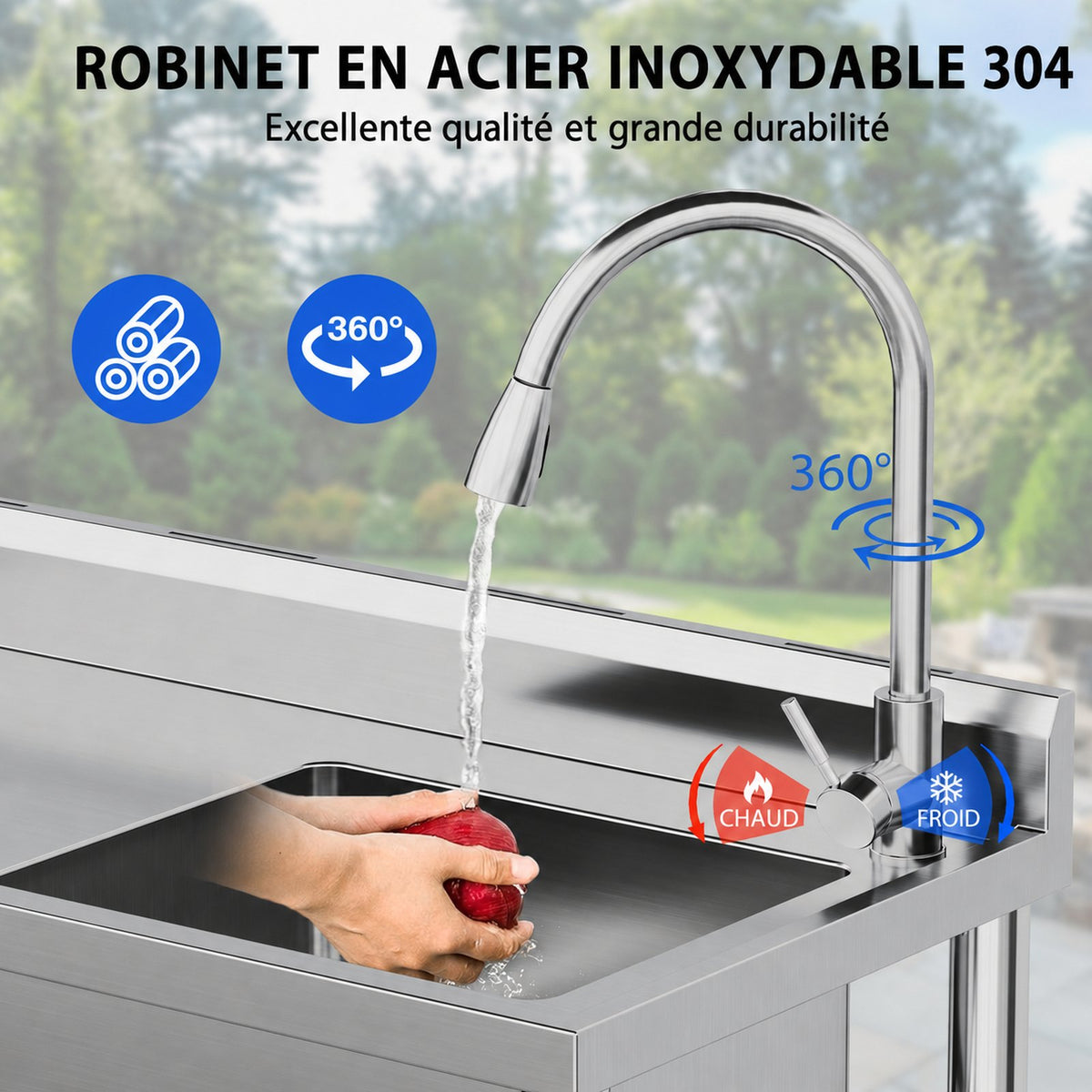 Garvee Évier sur pied 61x51x104cm en inox, 1 bac avec robinet eau chaude/froide et vidange, pour cuisine garage et atelier