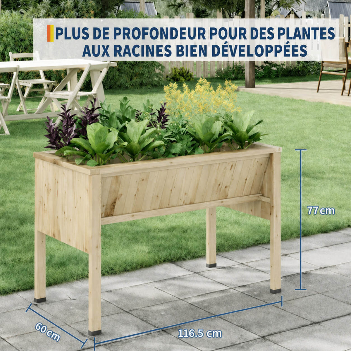 Garvee Jardinière surélevée en bois de sapin naturel 116,5 × 60 × 77 cm, avec crochets, idéale pour plantes, patio et balcon, couleur naturelle