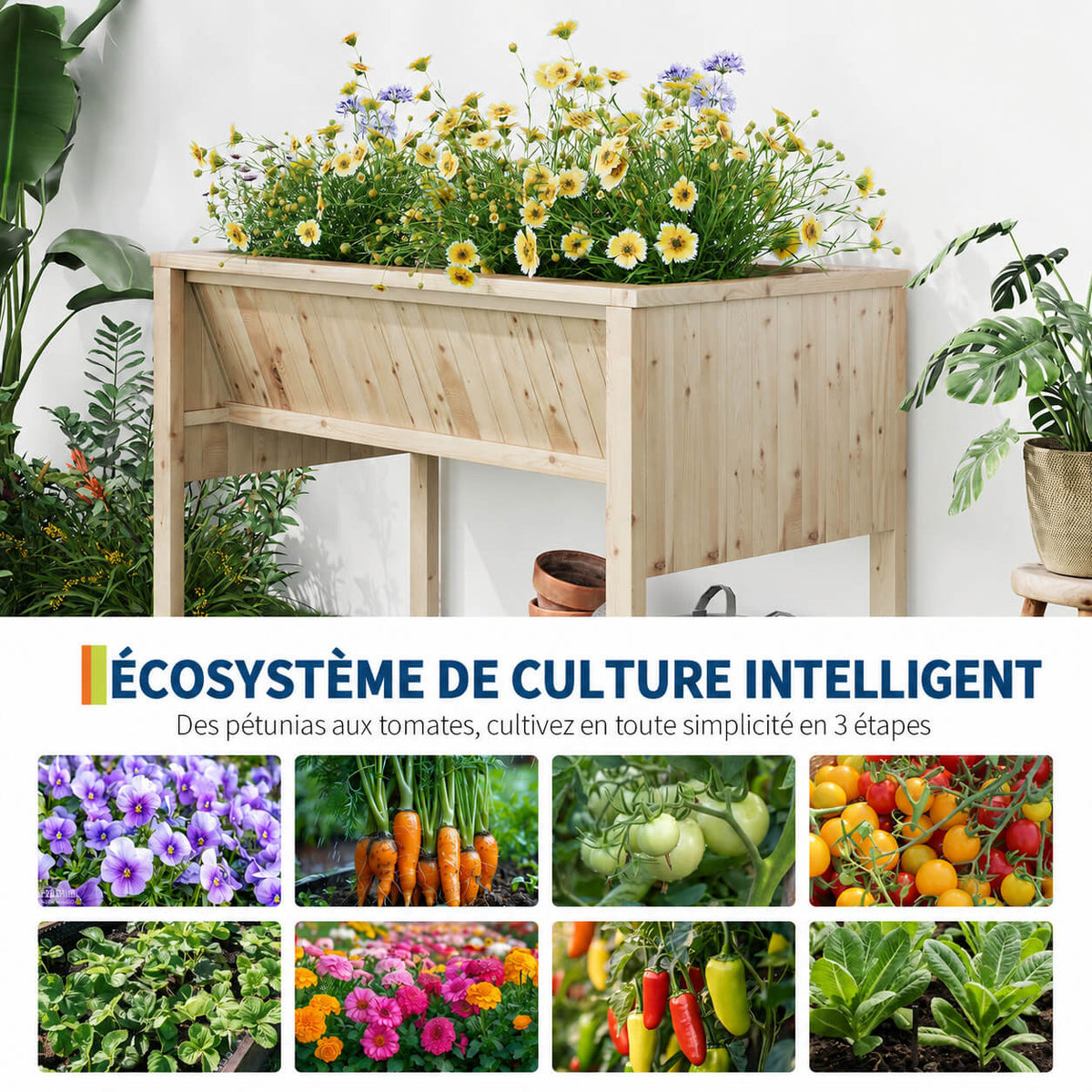 Garvee Jardinière surélevée en bois de sapin naturel 116,5 × 60 × 77 cm, avec crochets, idéale pour plantes, patio et balcon, couleur naturelle