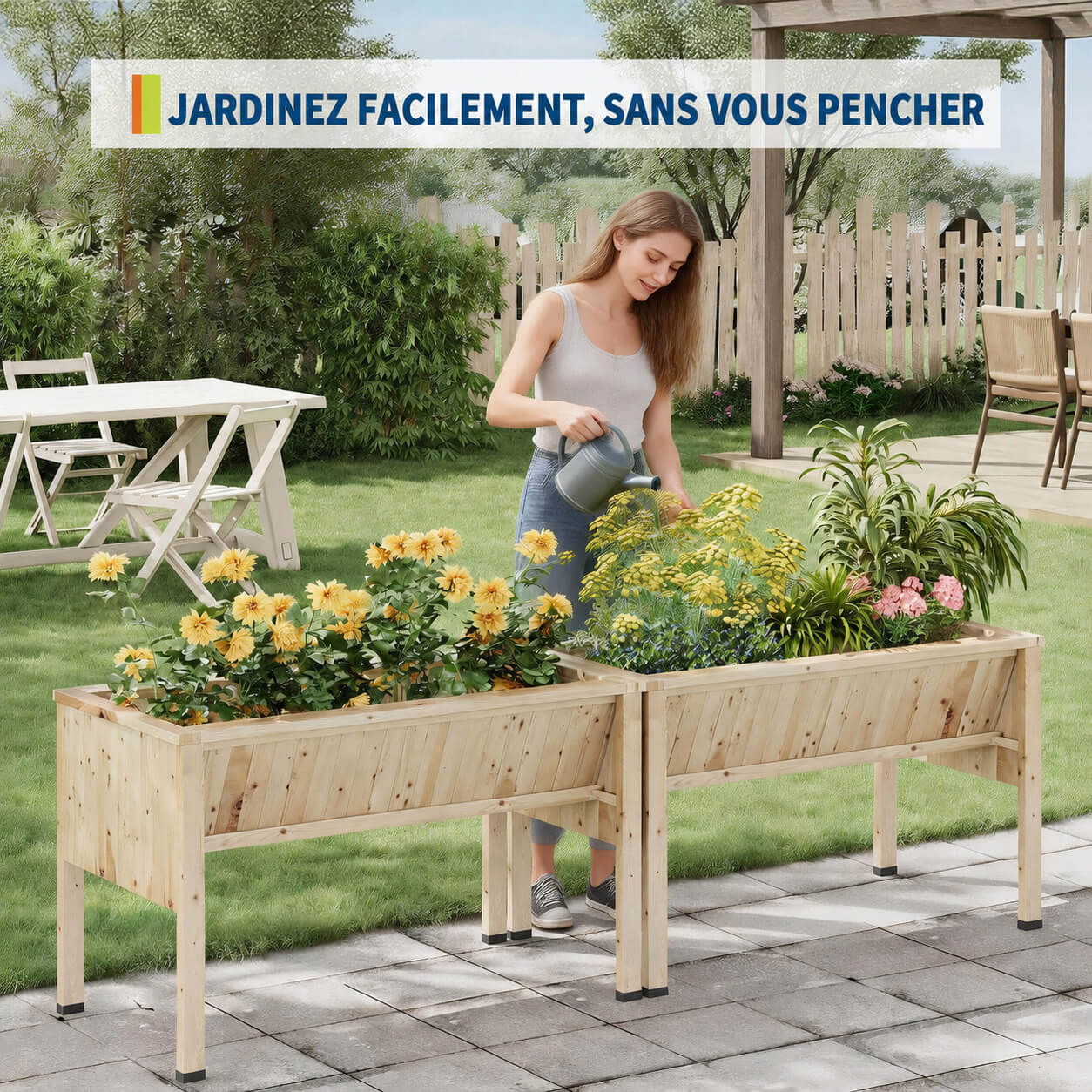 Garvee Jardinière surélevée en bois de sapin naturel 116,5 × 60 × 77 cm, avec crochets, idéale pour plantes, patio et balcon, couleur naturelle