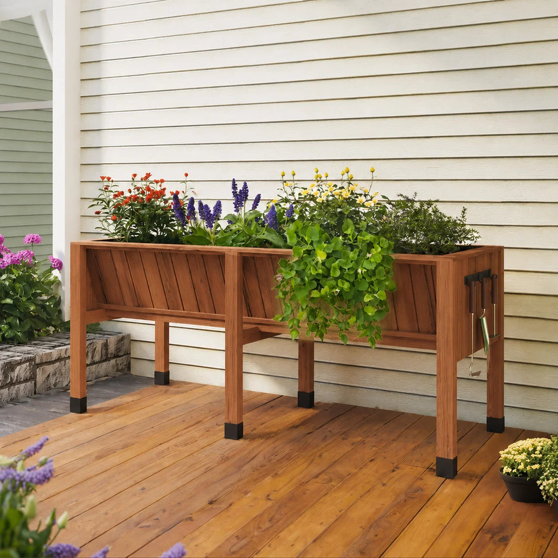 Garvee Jardinière Surélevée en Bois de Cèdre, L. 183 × P. 66 × H. 77 cm, avec Crochets et Doublure Intérieure, pour Jardin, Potager et Terrasse, Marron Noisette