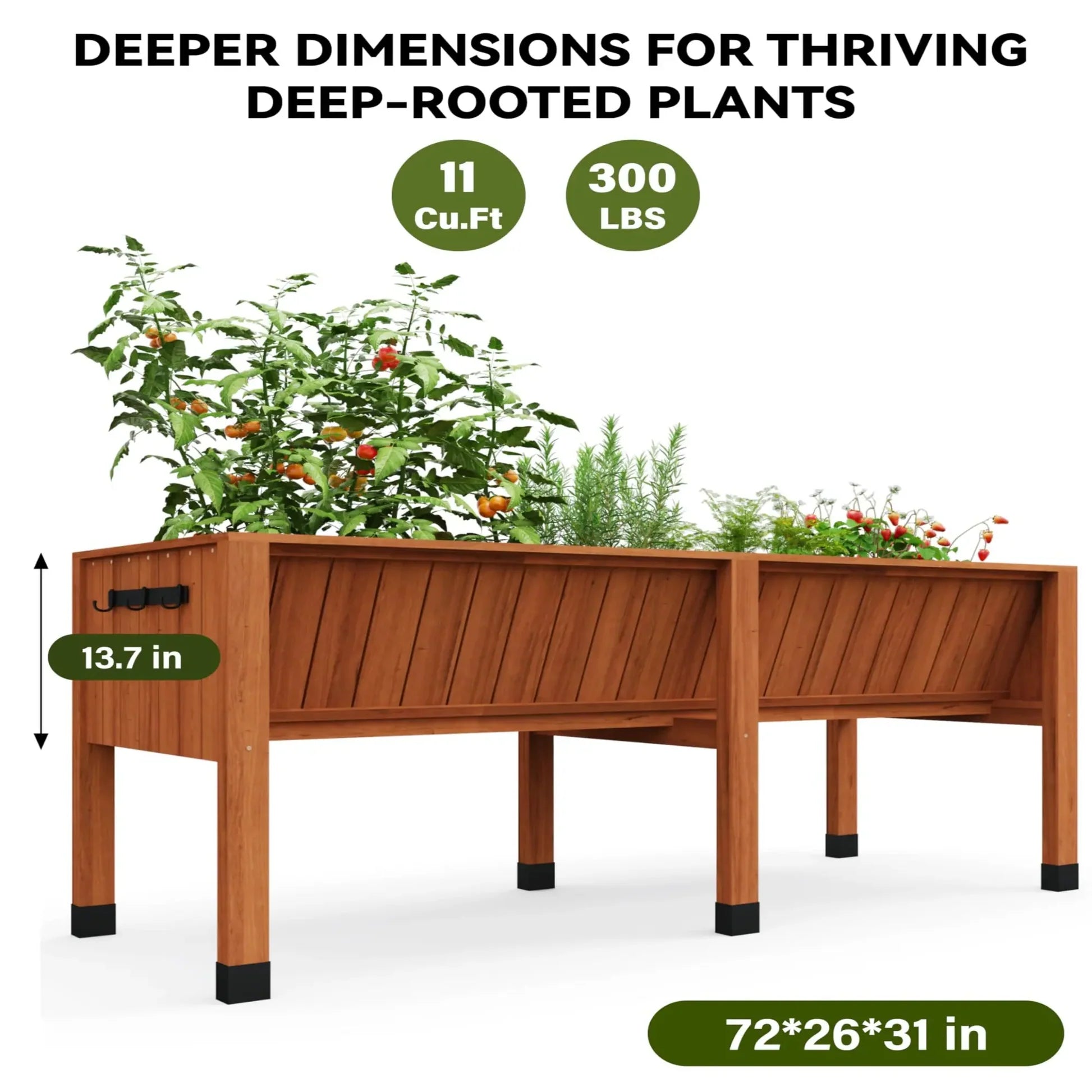 Garvee Jardinière surélevée 183x66x77 cm en bois de cèdre, avec crochets et doublure, pour potager jardin terrasse, marron noisette