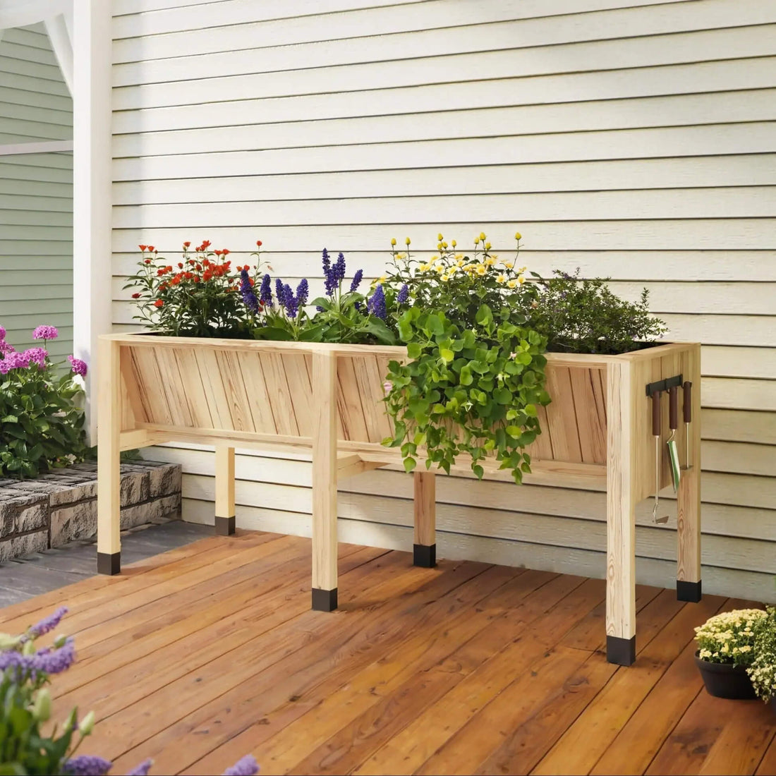 Garvee Jardinière surélevée 183 × 66 × 79 cm en bois de cèdre, avec crochets et doublure, pour potager jardin terrasse, bois naturel