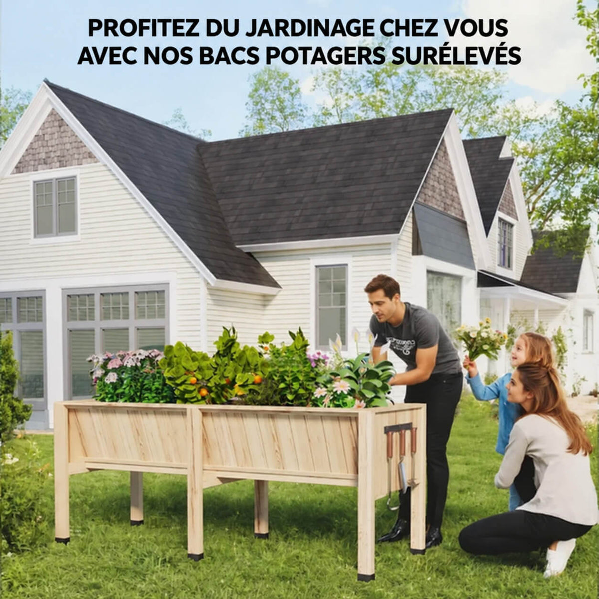 Garvee Jardinière surélevée 183 × 66 × 79 cm en bois de cèdre, avec crochets et doublure, pour potager jardin terrasse, bois naturel
