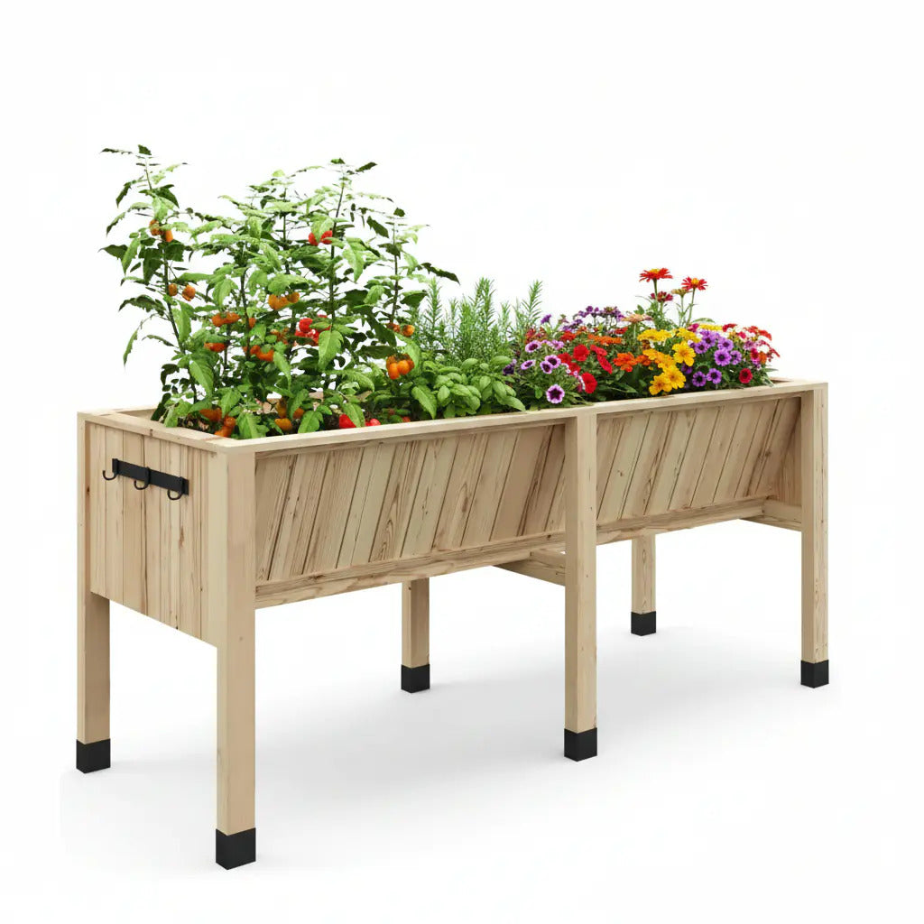 Garvee Jardinière surélevée 183 × 66 × 79 cm en bois de cèdre, avec crochets et doublure, pour potager jardin terrasse, bois naturel