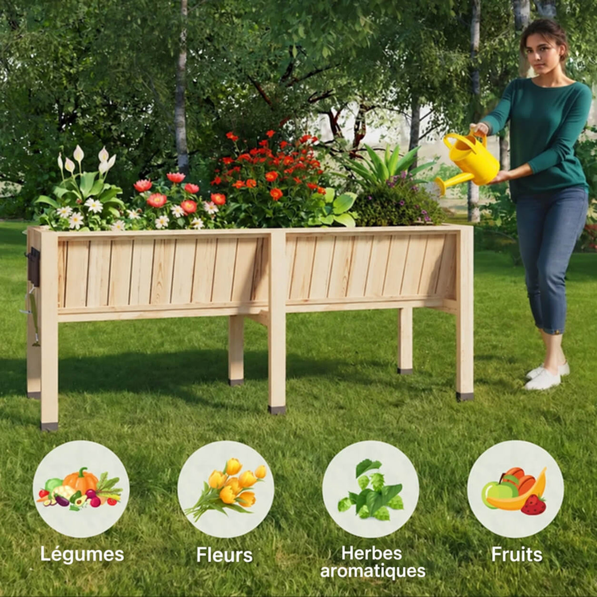 Garvee Jardinière surélevée 183 × 66 × 79 cm en bois de cèdre, avec crochets et doublure, pour potager jardin terrasse, bois naturel