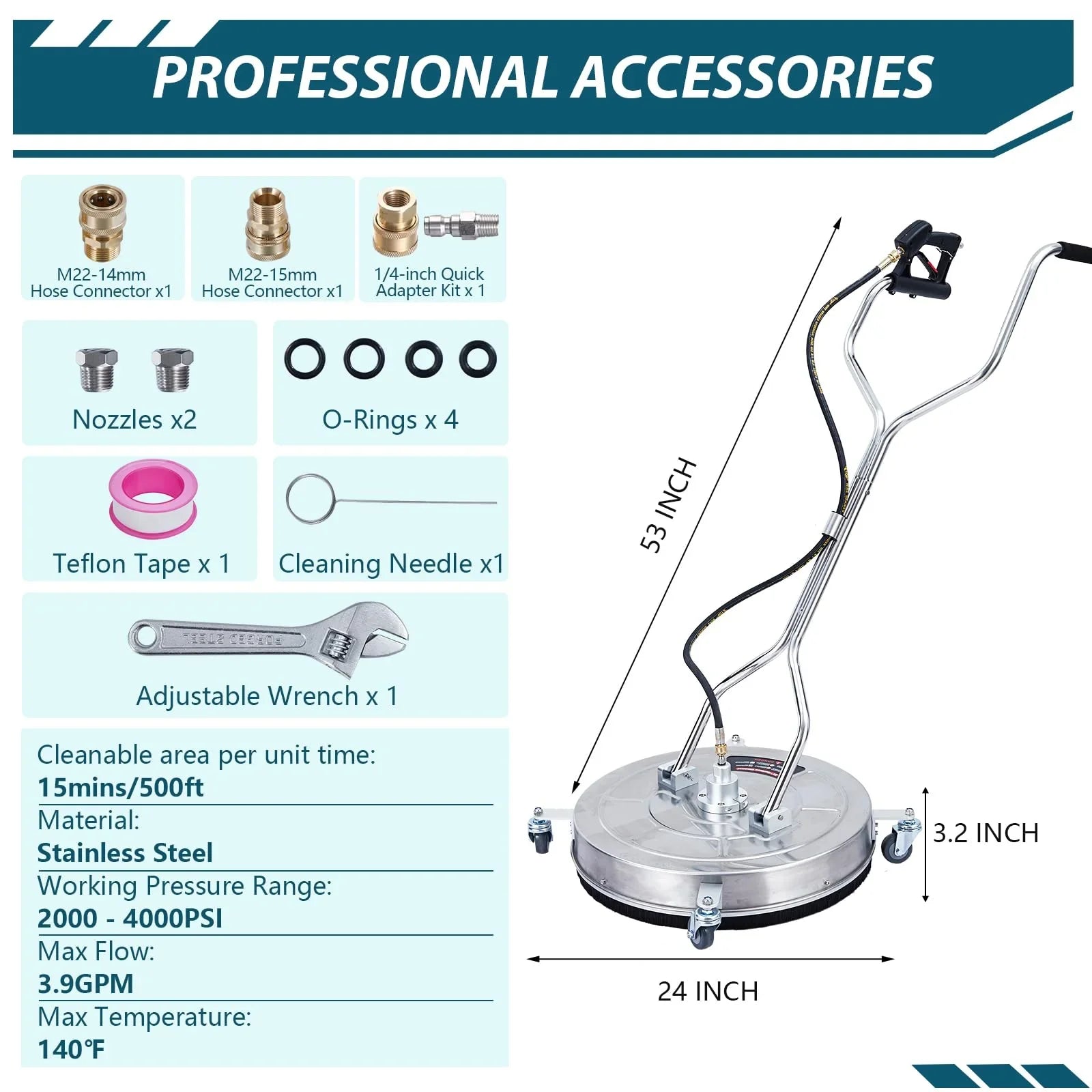 Garvee Nettoyeur de Surface 61 cm pour Nettoyeur Haute Pression, jusqu'à 276 bar, en Acier Inoxydable, 4 Roues à Roulement Fluide, Double Poignée, Raccord Rapide 9,5 mm et 2 Buses