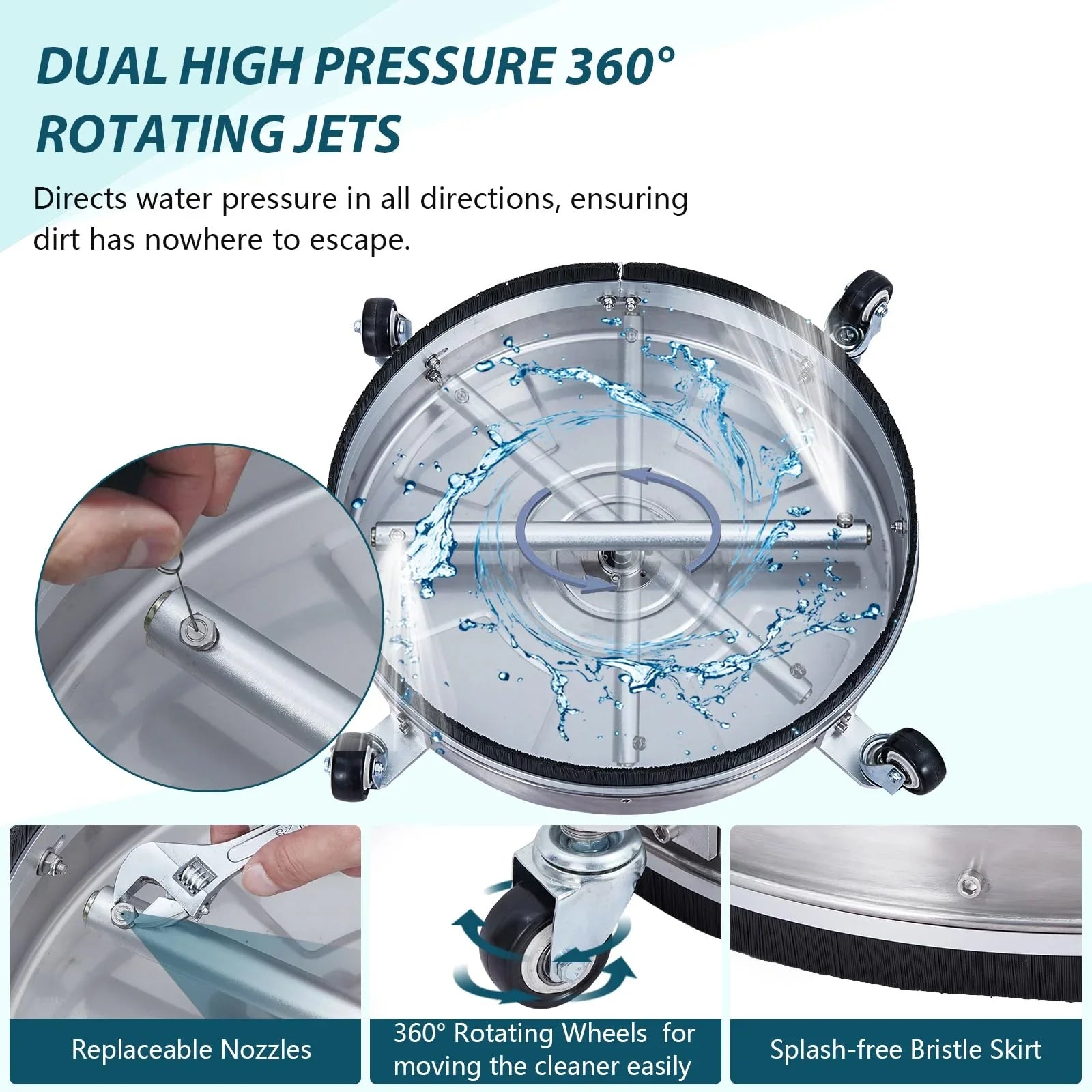 Garvee Nettoyeur de Surface 61 cm pour Nettoyeur Haute Pression, jusqu'à 276 bar, en Acier Inoxydable, 4 Roues à Roulement Fluide, Double Poignée, Raccord Rapide 9,5 mm et 2 Buses