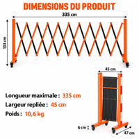 Garvee Barrière de sécurité métallique 335 cm, pliable avec roulettes, robuste, pour circulation et chantier, orange et noir