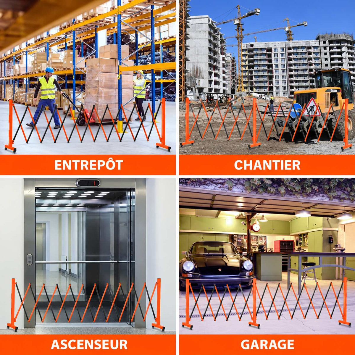 Garvee Barrière de sécurité métallique 335 cm, pliable avec roulettes, robuste, pour circulation et chantier, orange et noir