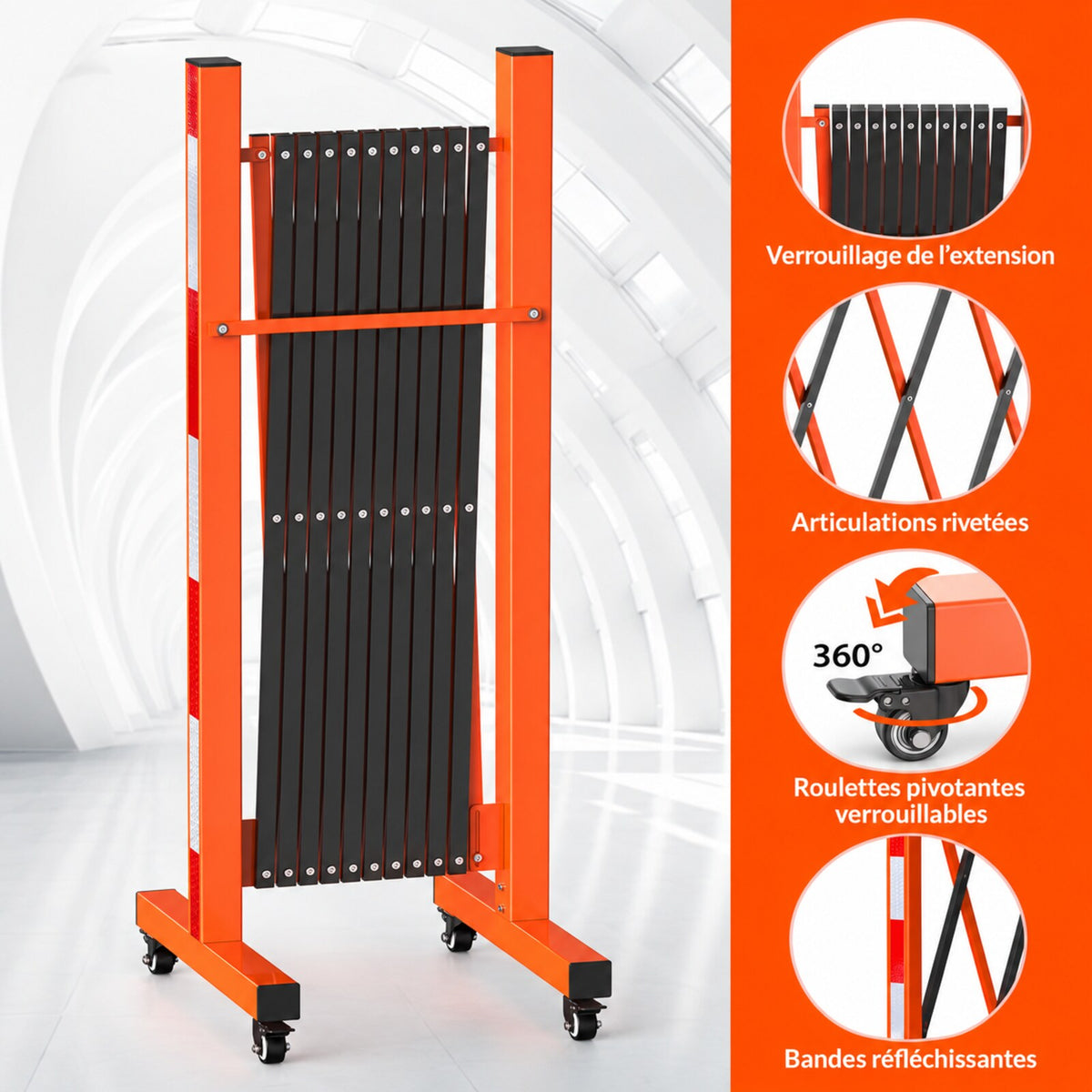 Garvee Barrière de sécurité métallique 335 cm, pliable avec roulettes, robuste, pour circulation et chantier, orange et noir