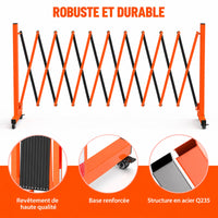 Garvee Barrière de sécurité métallique 335 cm, pliable avec roulettes, robuste, pour circulation et chantier, orange et noir