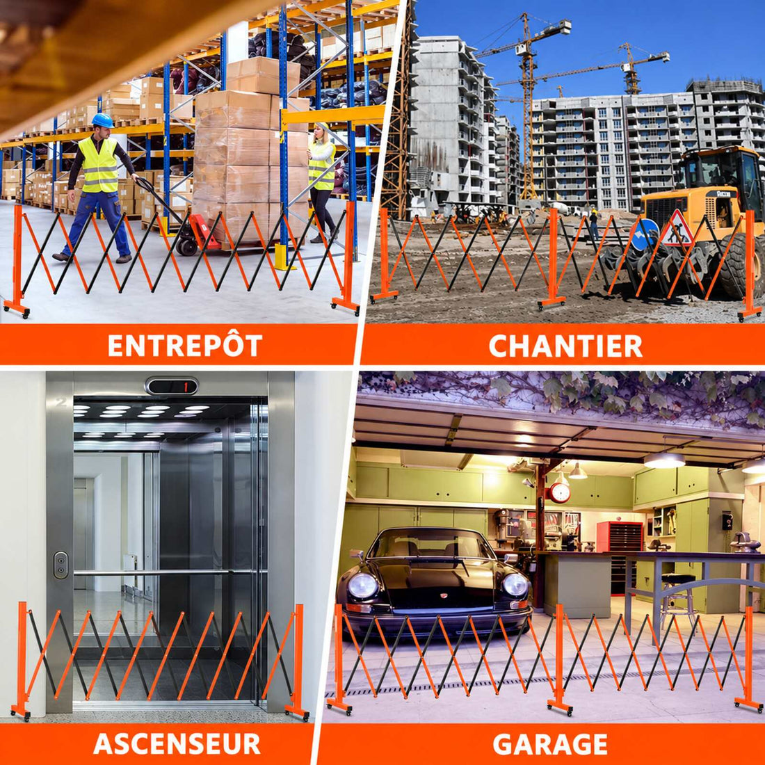 Garvee Barrière de sécurité métallique 488 cm, pliable avec roulettes, robuste, pour circulation et chantier, orange et noir