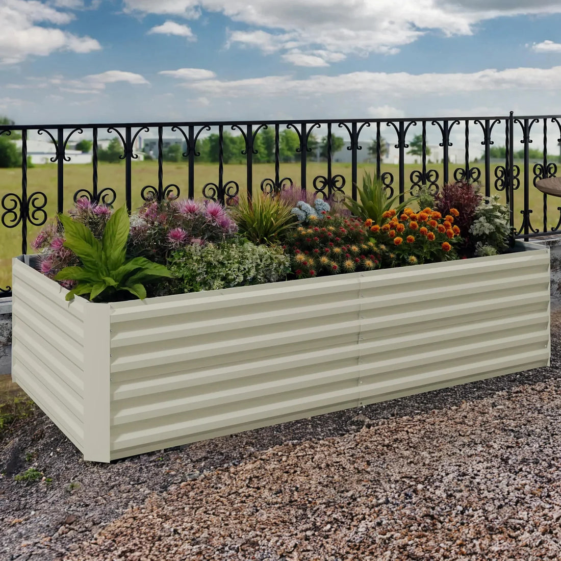 Garvee Bac de jardin surélevé en acier galvanisé 240 x 120 x 60 cm, beige, résistant à la rouille, pour cultures extérieures, fleurs, herbes et légumes