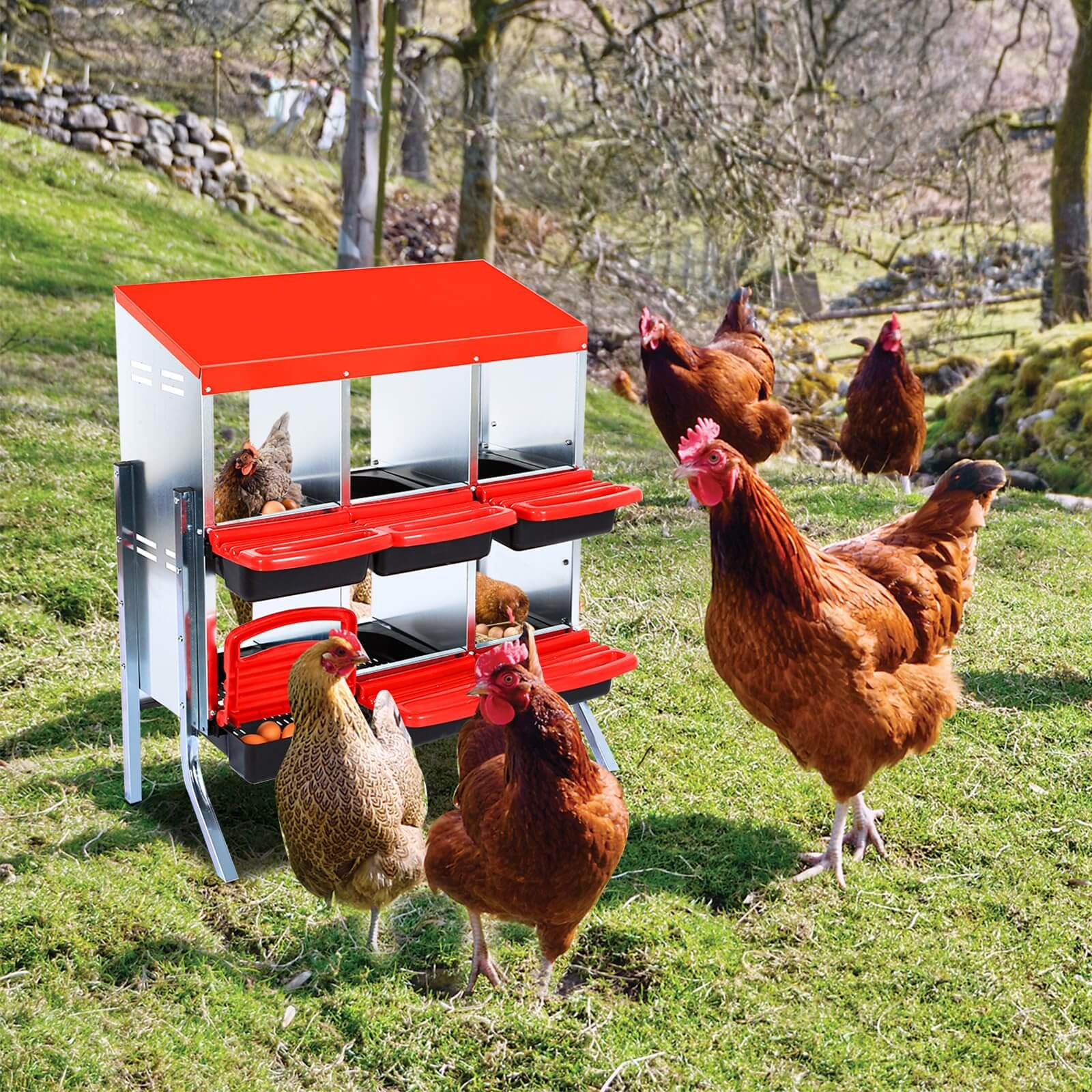 Garvee Pondoir pour Poules 6/8 Compartiments, Collecte Automatique des Œufs, Perchoir et Couvercle de Protection, Montage Mural ou Pose Libre