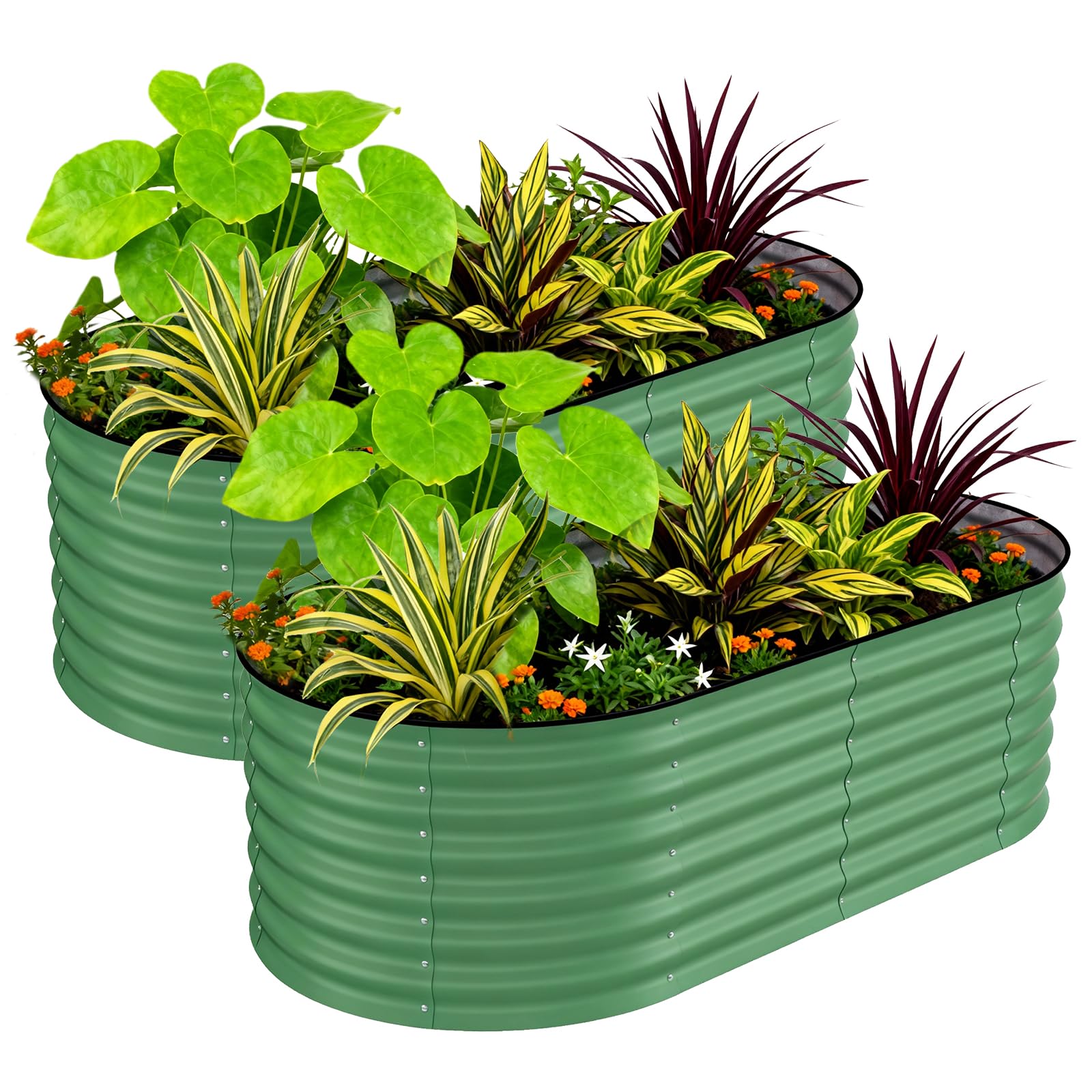 Garvee Bac Potager Surélevé en Acier Galvanisé Antirouille (Lot de 2) – Fond Ouvert, Bordure Anti-Coupure, Montage Facile – Beige / Vert