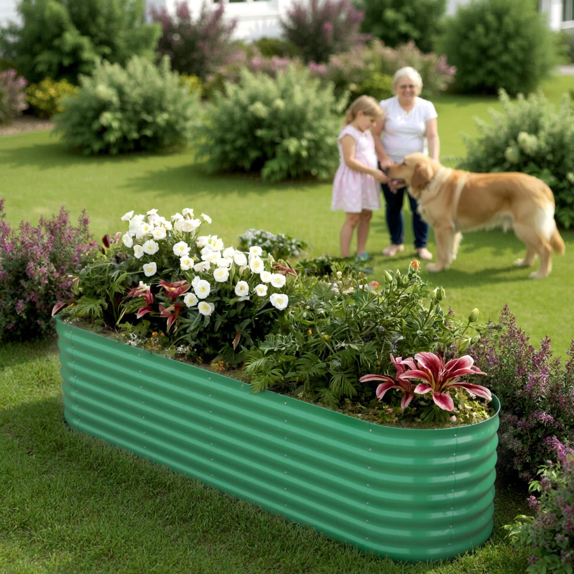Garvee Lot de 2 Bacs Potagers Surélevés en Acier Galvanisé Antirouille – Fond Ouvert, Montage Facile, Bordure Anti-Coupure, Idéal pour Légumes et Fleurs – Beige / Vert