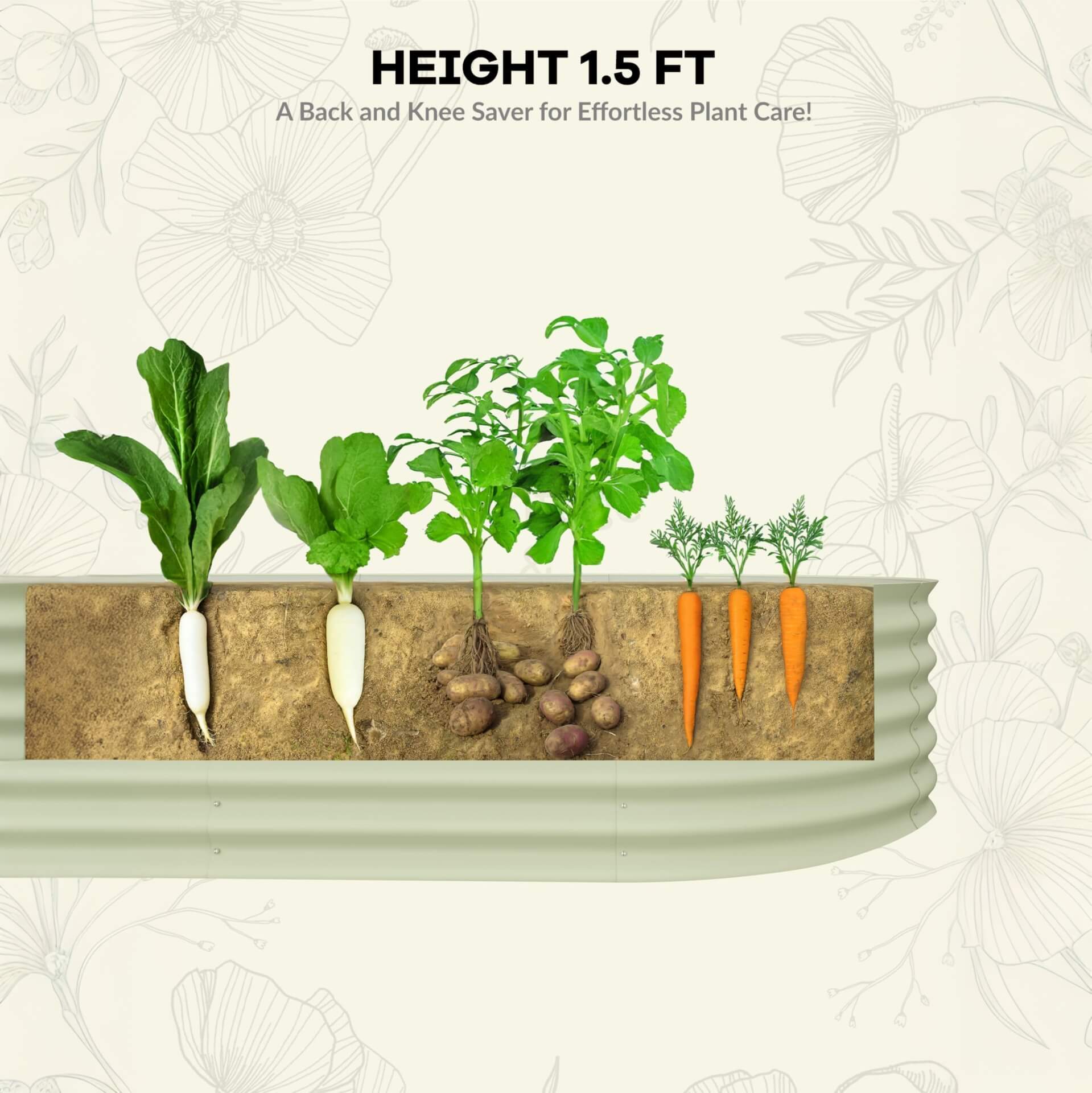 Garvee Lot de 2 Bacs Potagers Surélevés en Acier Galvanisé Antirouille – Fond Ouvert, Montage Facile, Bordure Anti-Coupure, Idéal pour Légumes et Fleurs – Beige / Vert
