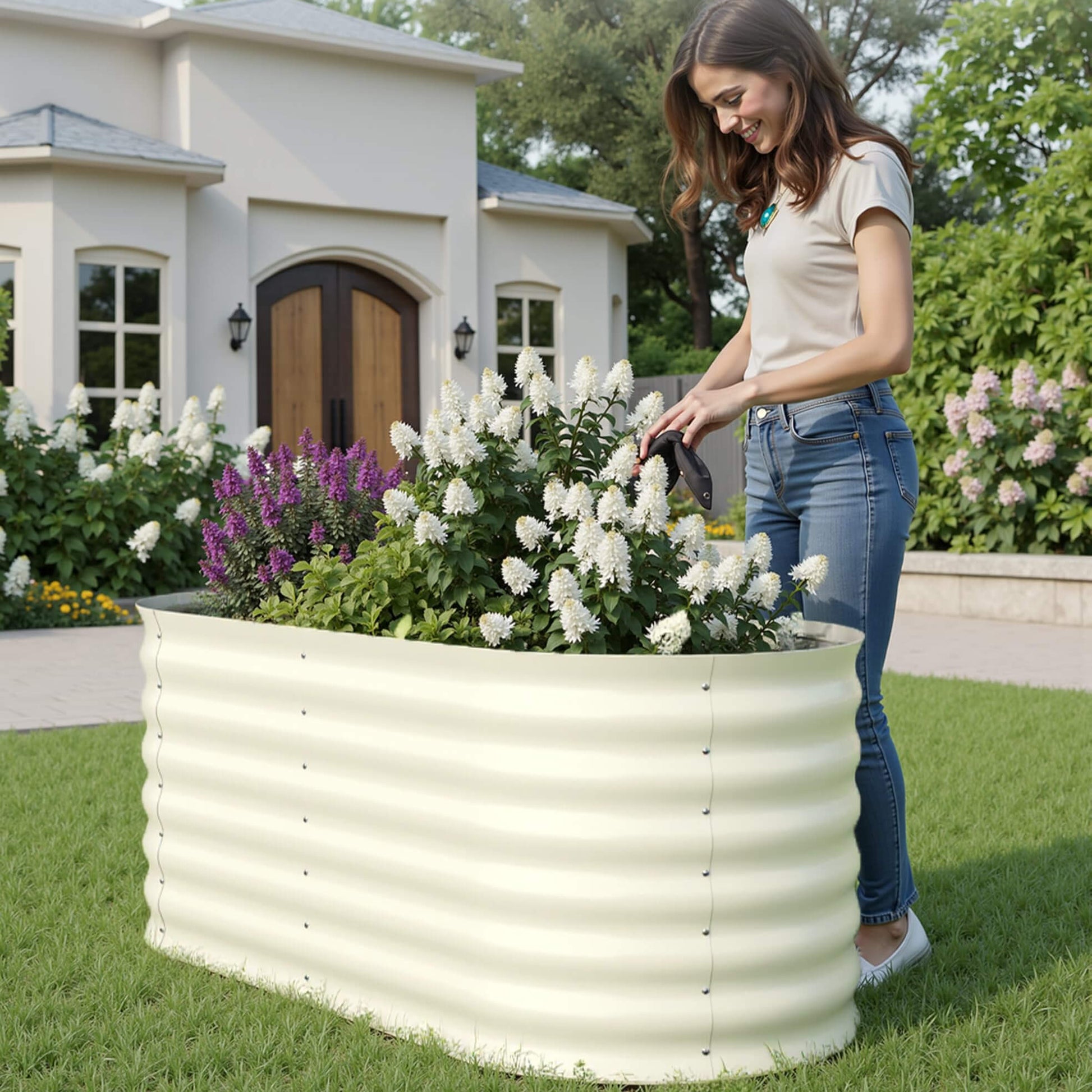 Garvee Lot de 2 Bacs Potagers Surélevés en Acier Galvanisé Antirouille – Fond Ouvert, Montage Facile, Bordure Anti-Coupure, Idéal pour Légumes et Fleurs – Beige / Vert