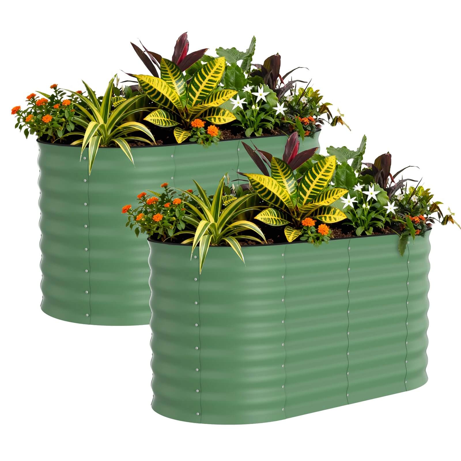 Garvee Lot de 2 Bacs Potagers Surélevés en Acier Galvanisé Antirouille – Fond Ouvert, Montage Facile, Bordure Anti-Coupure, Idéal pour Légumes et Fleurs – Beige / Vert