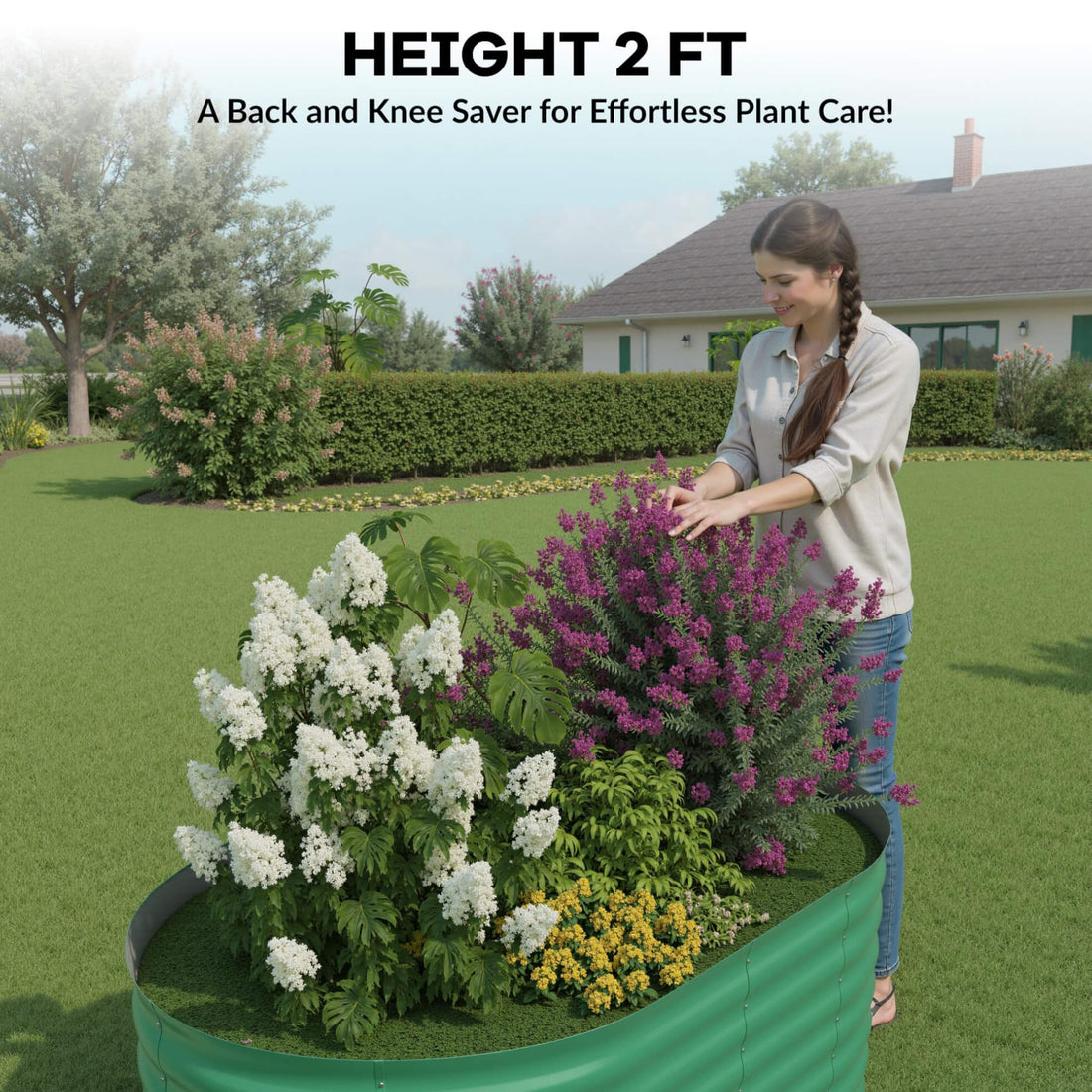 Garvee Lot de 2 Bacs Potagers Surélevés en Acier Galvanisé Antirouille – Fond Ouvert, Montage Facile, Bordure Anti-Coupure, Idéal pour Légumes et Fleurs – Beige / Vert