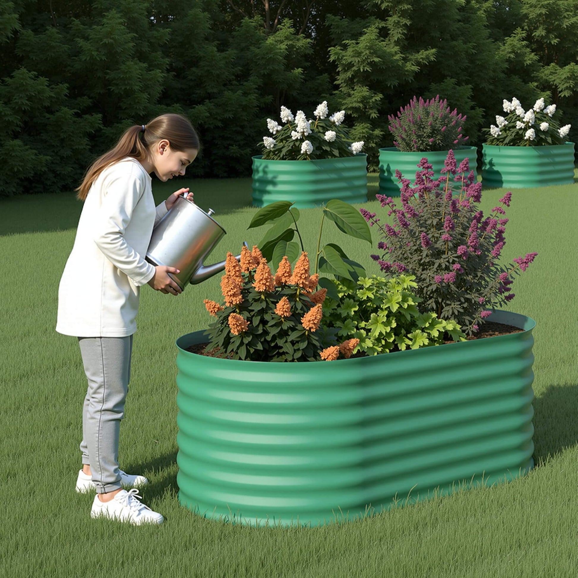 Garvee Lot de 2 Bacs Potagers Surélevés en Acier Galvanisé Antirouille – Fond Ouvert, Montage Facile, Bordure Anti-Coupure, Idéal pour Légumes et Fleurs – Beige / Vert