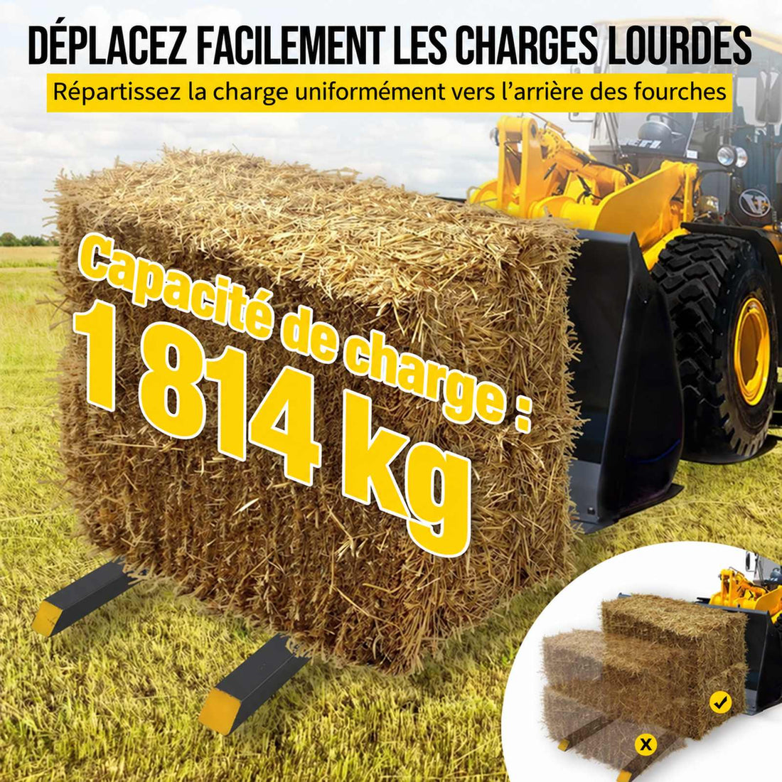 Garvee Fourches à palettes 152 cm, capacité de charge 1814 kg, fourches à pince avec barre stabilisatrice réglable pour chargeur frontal et compact