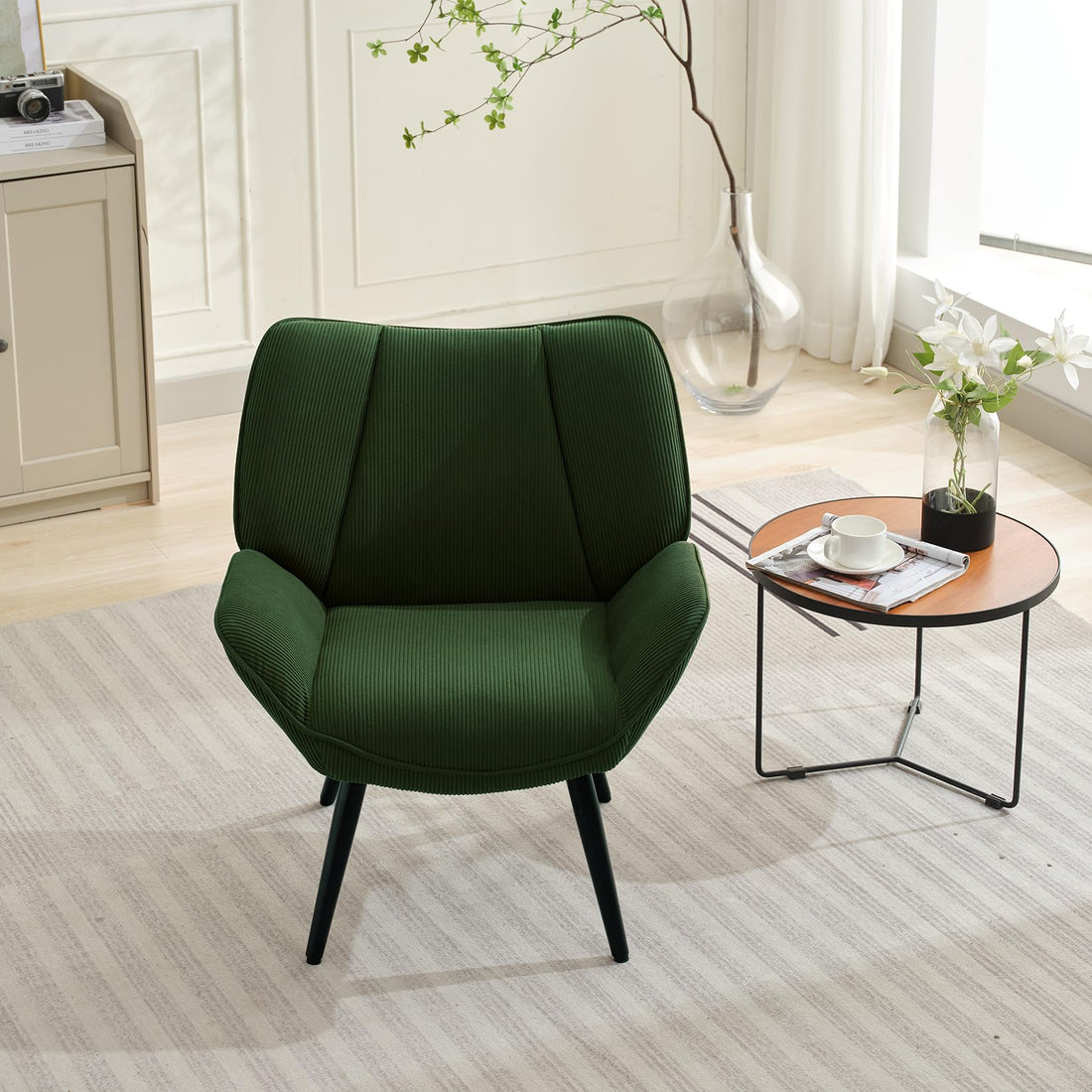 Garvee Fauteuil d’appoint à oreilles en velours côtelé, assise ergonomique et pieds en métal, pour salon ou chambre, vert