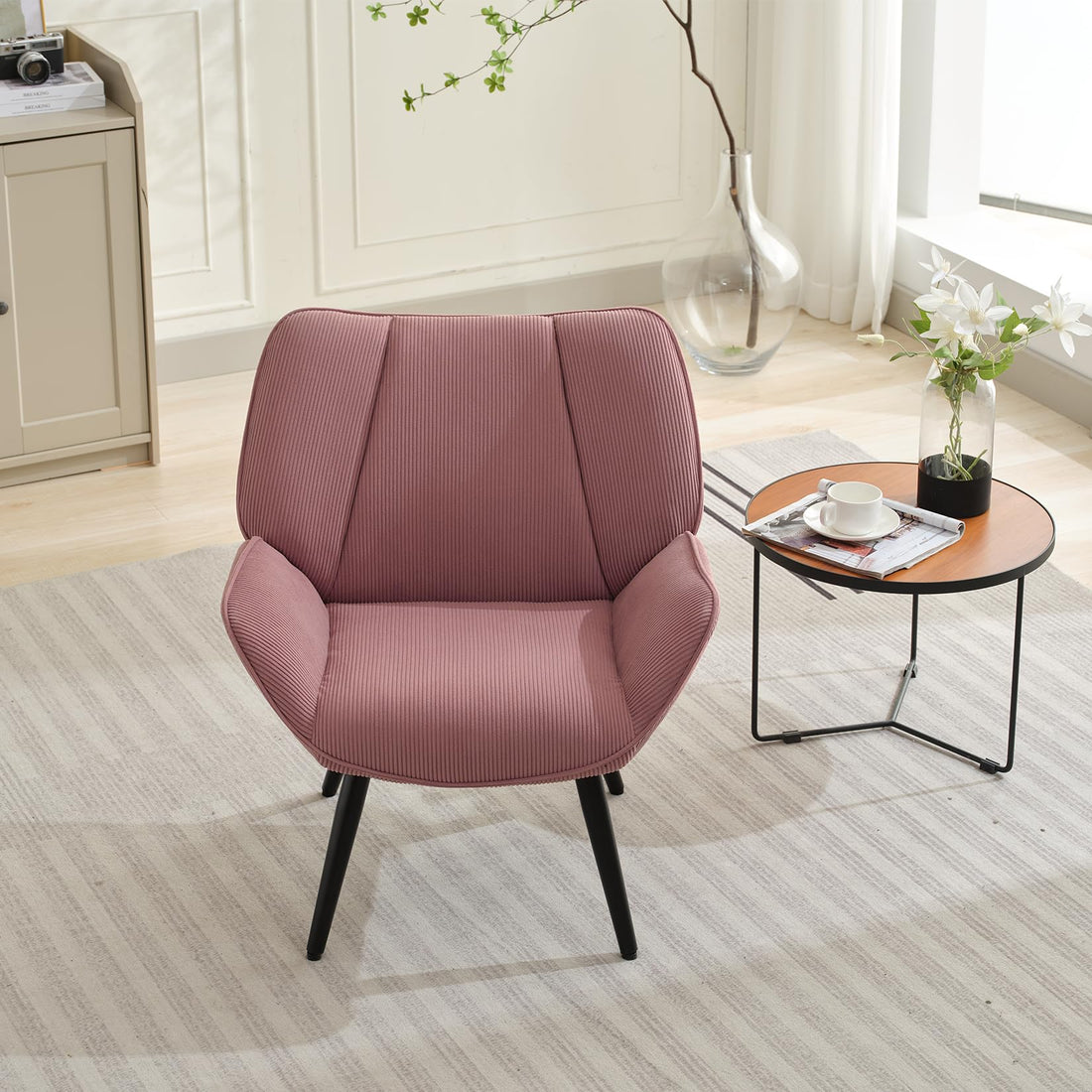 Garvee Fauteuil d’appoint à oreilles en velours côtelé, assise ergonomique et pieds en métal, pour salon ou chambre, rose