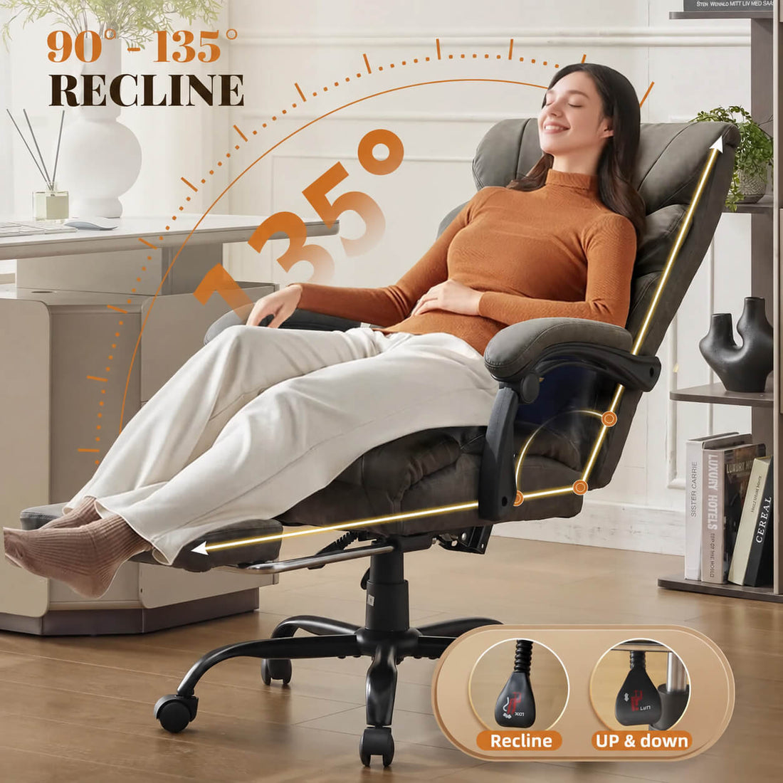 Garvee Fauteuil de Bureau Ergonomique jusqu'à 227 kg, Accoudoirs Relevables, Revêtement Respirant, Inclinable de 90° à 135°, avec Repose-Pieds, Gris