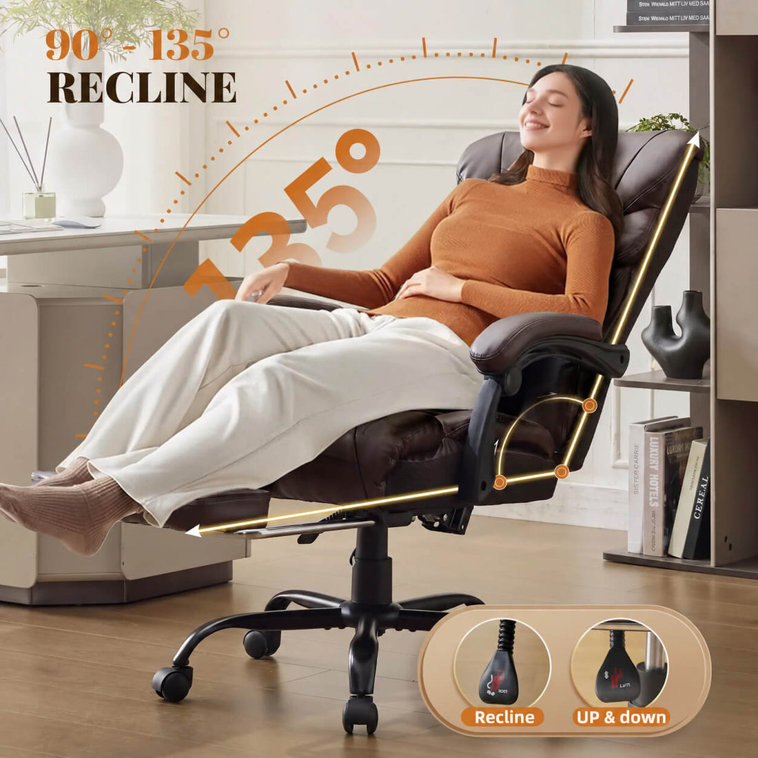 Garvee Fauteuil de Bureau Ergonomique jusqu'à 227 kg, Accoudoirs Relevables, Revêtement Respirant, Inclinable de 90° à 135°, avec Repose-Pieds, Marron