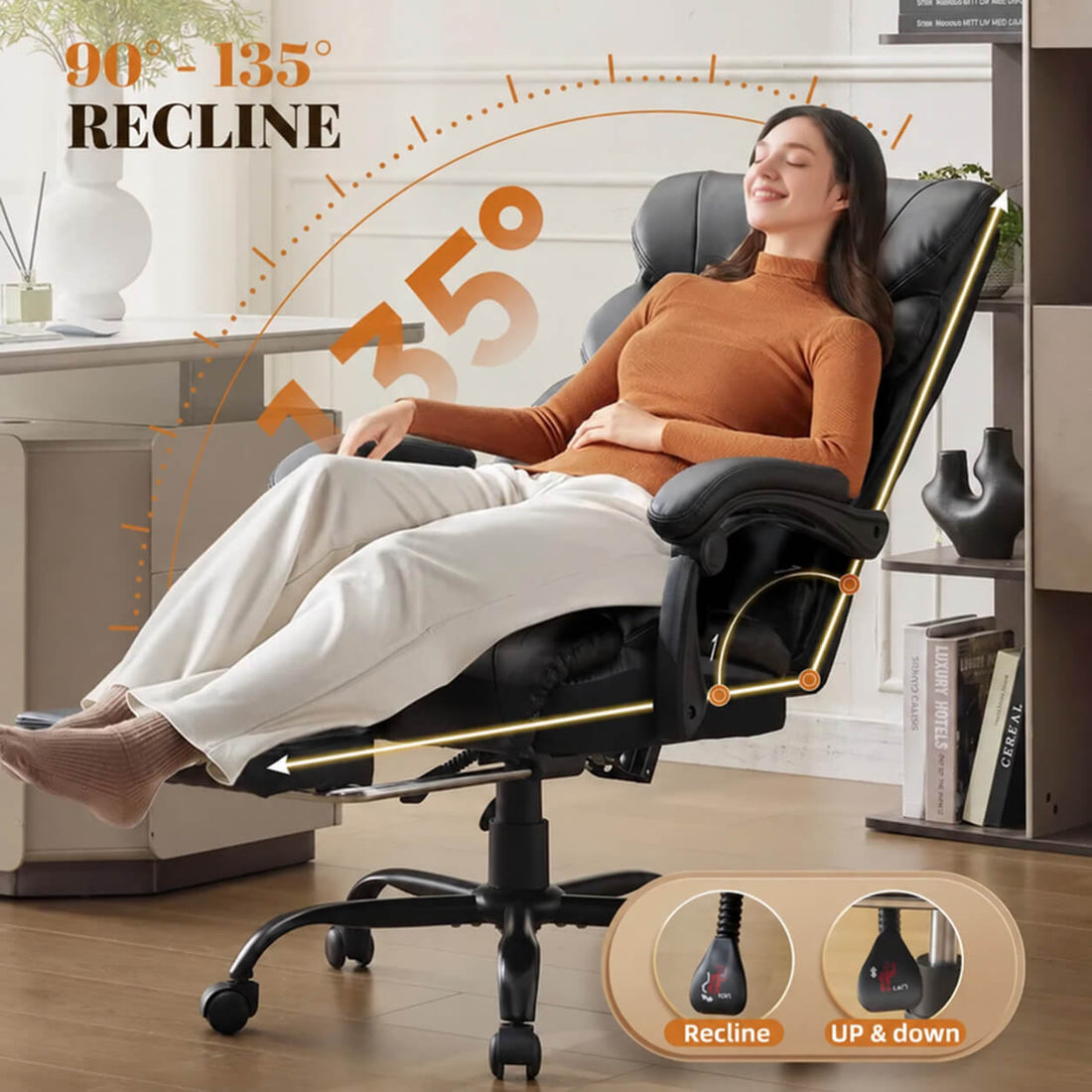 Garvee Fauteuil de Bureau Ergonomique jusqu'à 227 kg, Accoudoirs Relevables, Revêtement Respirant, Inclinable de 90° à 135°, avec Repose-Pieds, Noir