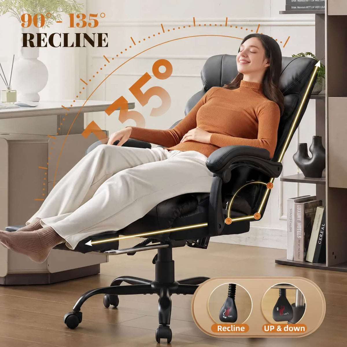 Garvee Fauteuil de Bureau Ergonomique jusqu'à 227 kg, Accoudoirs Relevables, Revêtement Respirant, Inclinable de 90° à 135°, avec Repose-Pieds, Noir