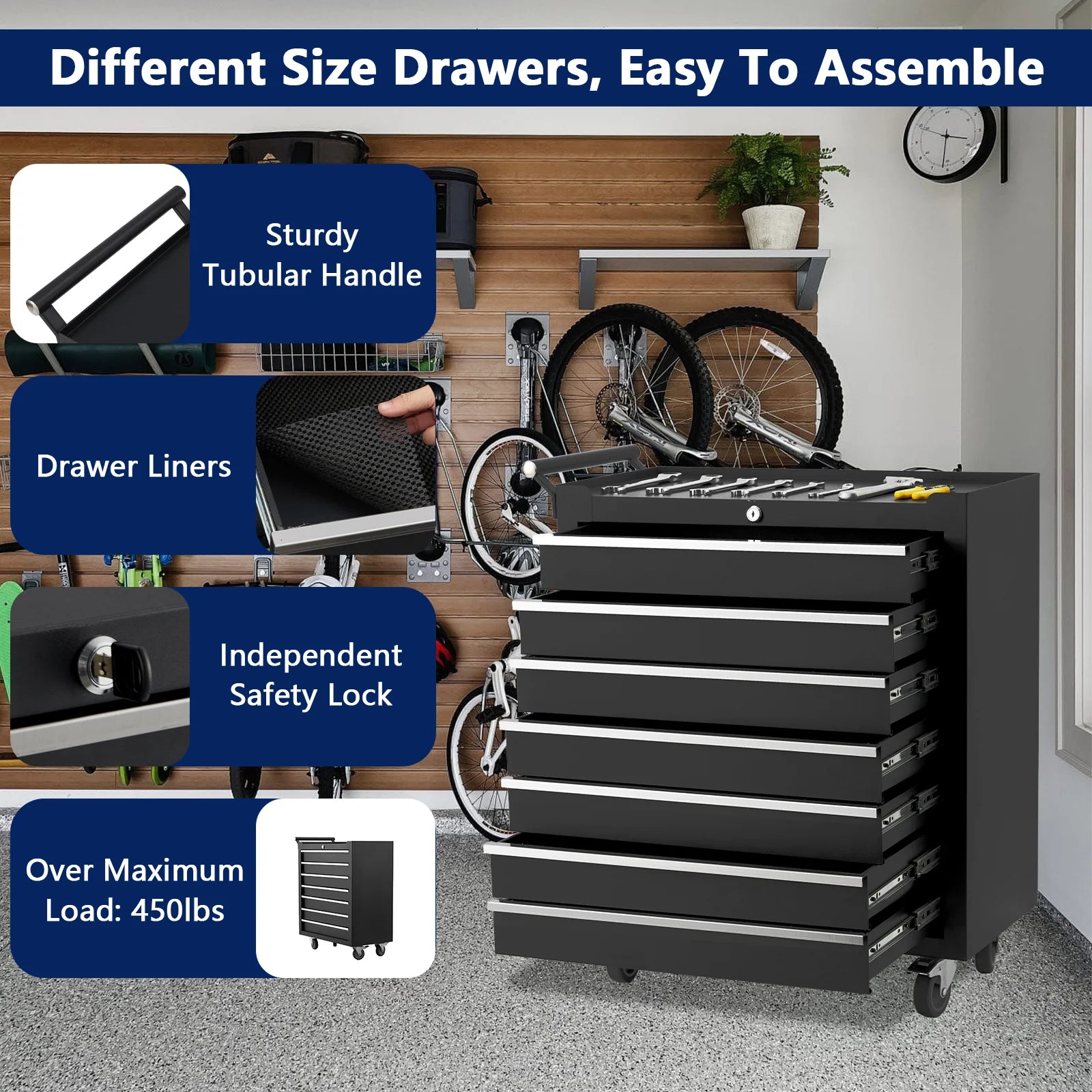 Garvee Coffre à Outils Mobile à 7 Tiroirs en Acier Noir, L. 62 × P. 33 × H. 76 cm, pour Atelier et Garage