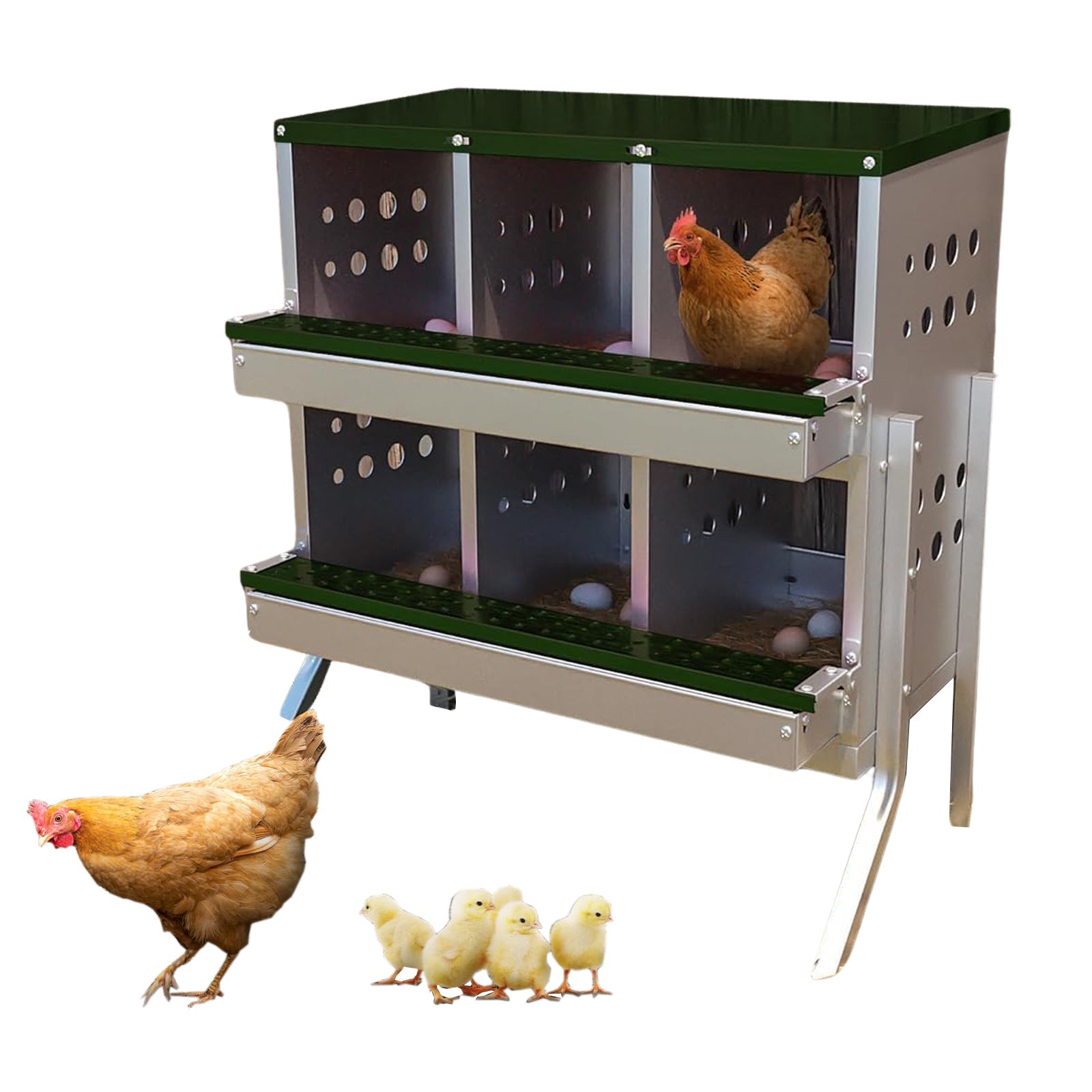 Nichoirs Garvee pour poules, 6 compartiments, en métal, dimensions totales avec support : 69 x 43 x 78 cm, dimensions par compartiment : 23 x 25 x 21,5 cm, acier galvanisé étanche, pour 6 poules (vert)