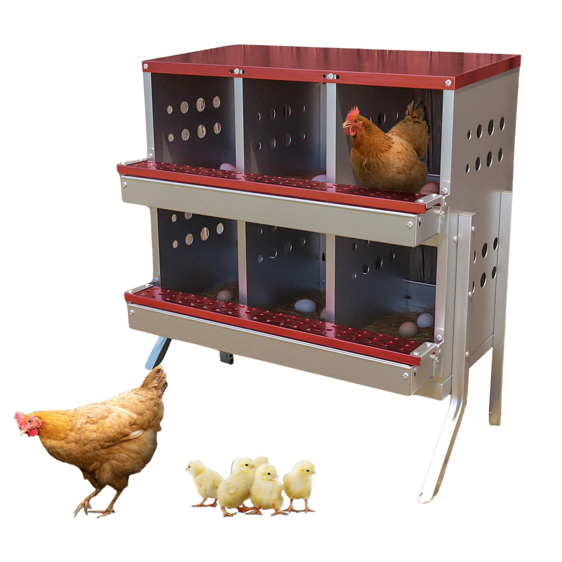 Nichoirs Garvee pour poules, 6 compartiments, en métal, dimensions totales avec support : 69 x 43 x 78 cm, dimensions par compartiment : 23 x 25 x 21,5 cm, acier galvanisé étanche, pour 6 poules (rouge)