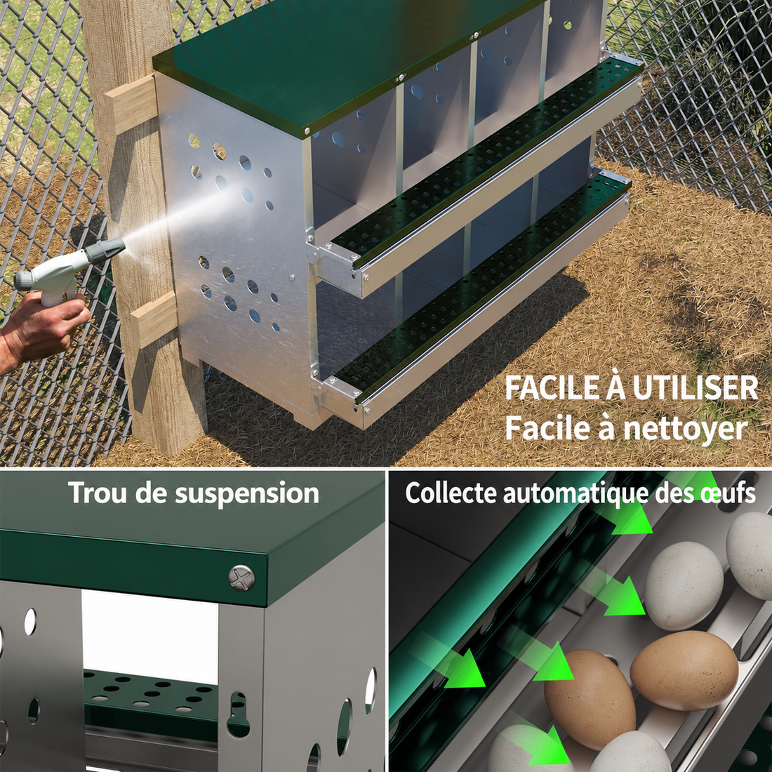 Garvee Pondoir pour Poules 8 Compartiments, 2 Niveaux, Acier Galvanisé 0,8 mm, Collecteur d’Œufs, Perchoirs et 8 Œufs Factices, Vert