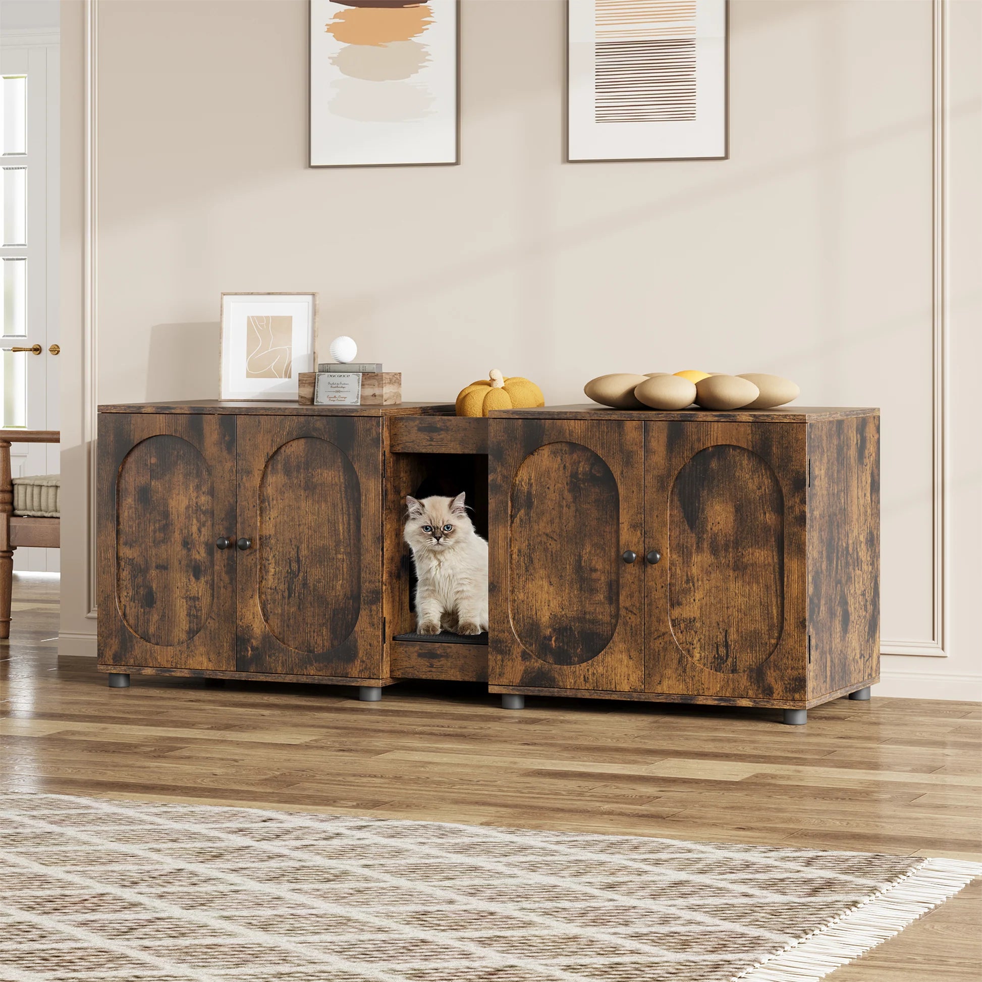 Garvee Meuble litière chat double 140 cm, portes en bois effet rotin, entrée facile et ventilation arrière, style naturel pour salon