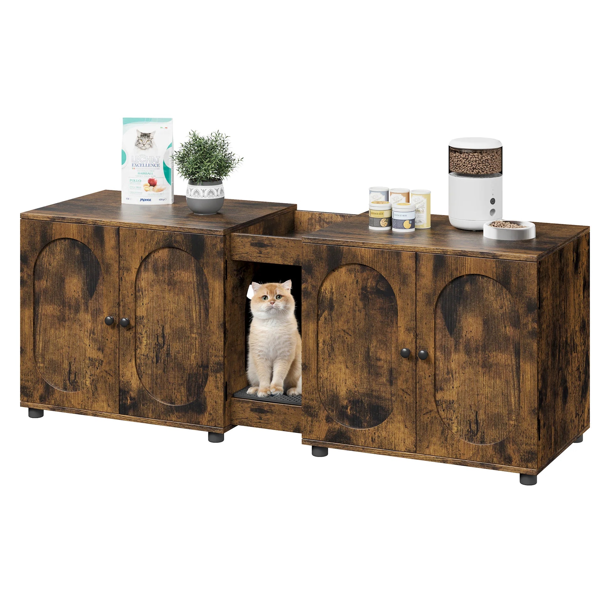Garvee Meuble litière chat double 140 cm, portes en bois effet rotin, entrée facile et ventilation arrière, style naturel pour salon