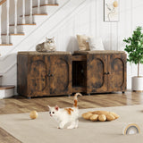 Garvee Meuble litière chat double 140 cm, portes en bois effet rotin, entrée facile et ventilation arrière, style naturel pour salon - Marron