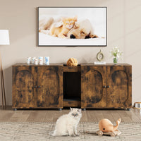 Garvee Meuble litière chat double 140 cm, portes en bois effet rotin, entrée facile et ventilation arrière, style naturel pour salon