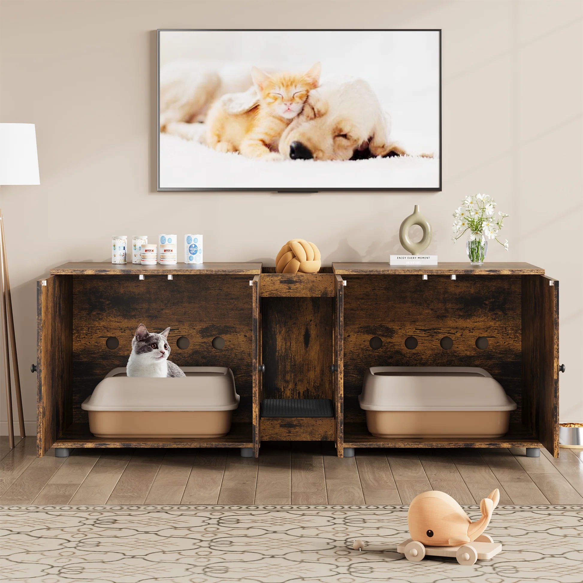Garvee Meuble litière chat double 140 cm, portes en bois effet rotin, entrée facile et ventilation arrière, style naturel pour salon